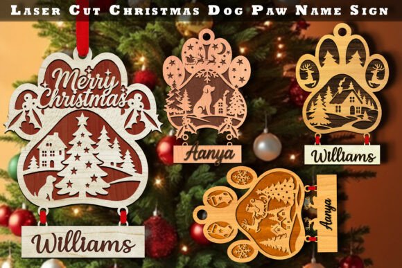 Lasercut Christmas Dog Paw Name Sign Set