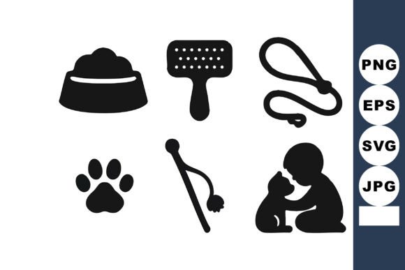 Pet Care Icons Including Food Bowl, Bru